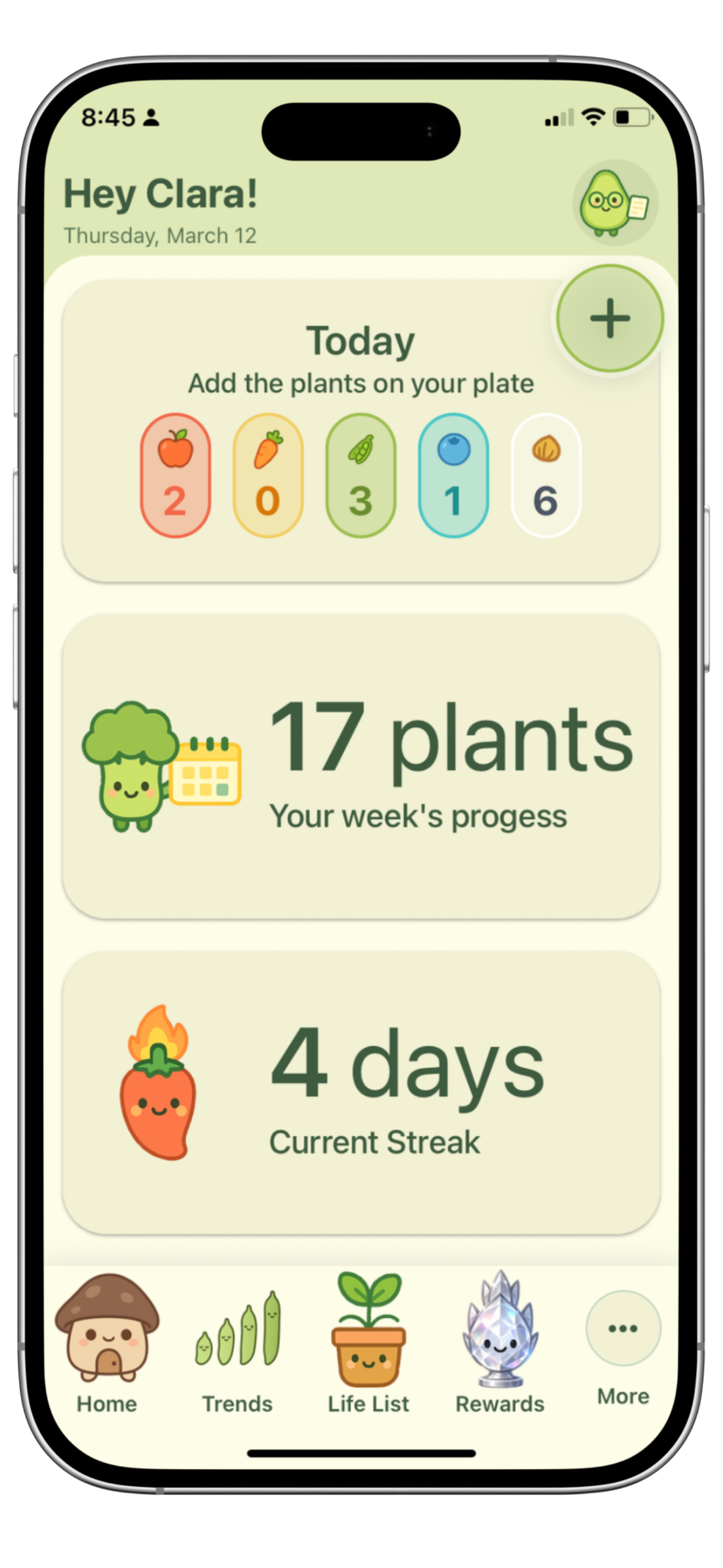 Chia home screen showing today's plate, weekly progress and streak