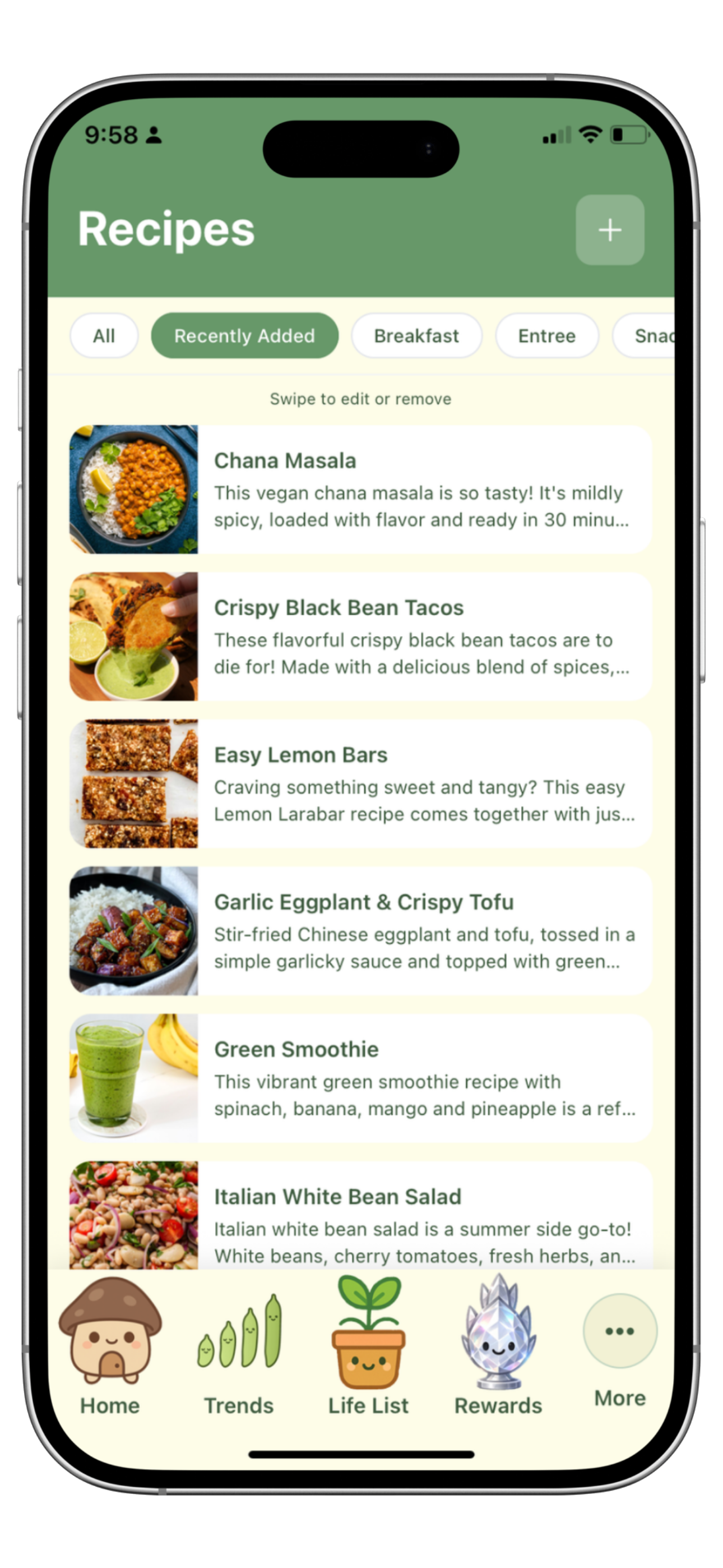 Recipes screen with saved plant-based recipes