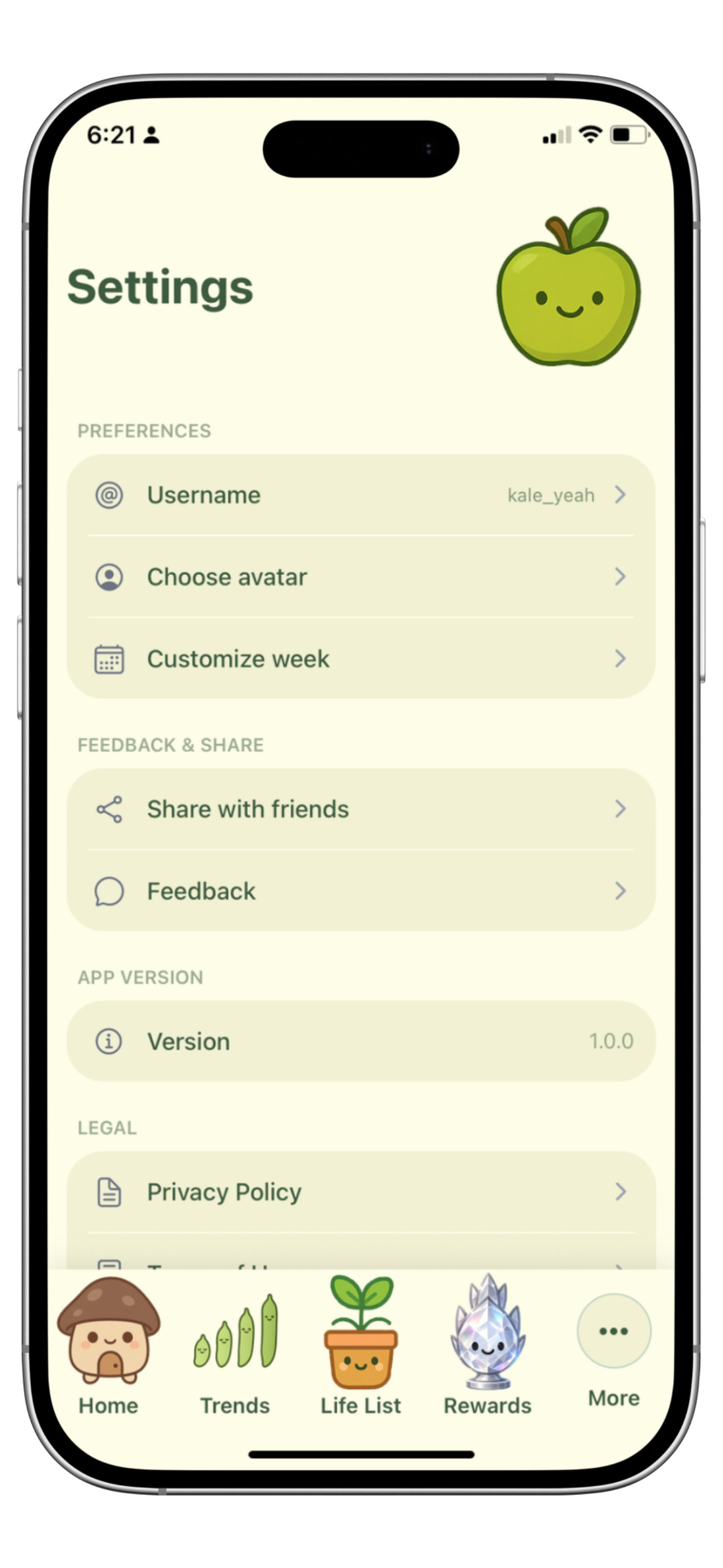 Chia settings screen with the Feedback option under Feedback and Share