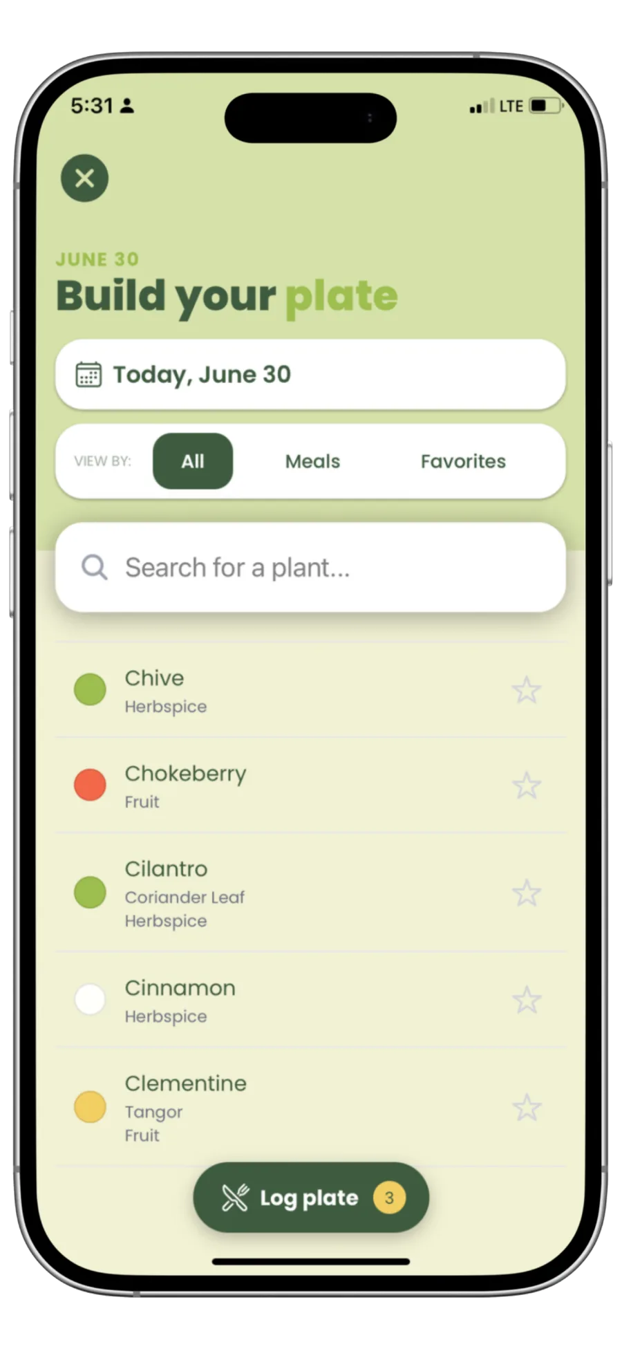 Add plants to your plate screen with searchable plant list