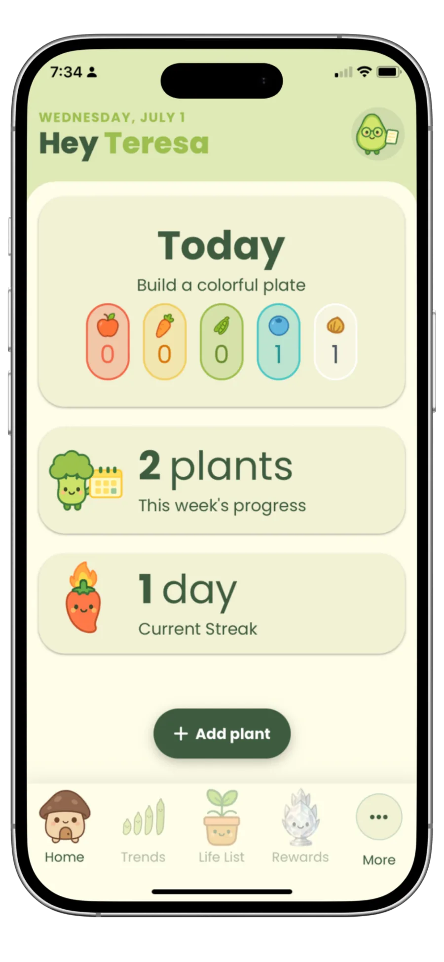 Chia home screen showing today's plate, weekly progress and streak