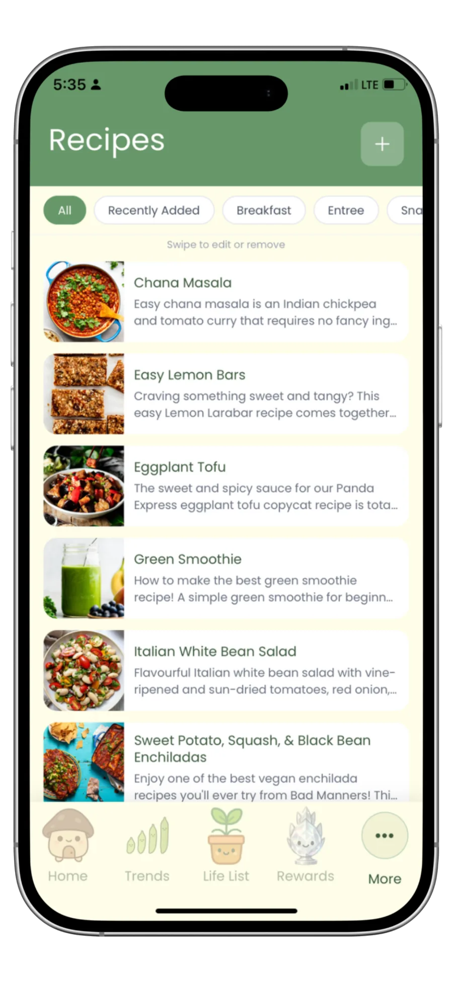 Recipes screen with saved plant-based recipes